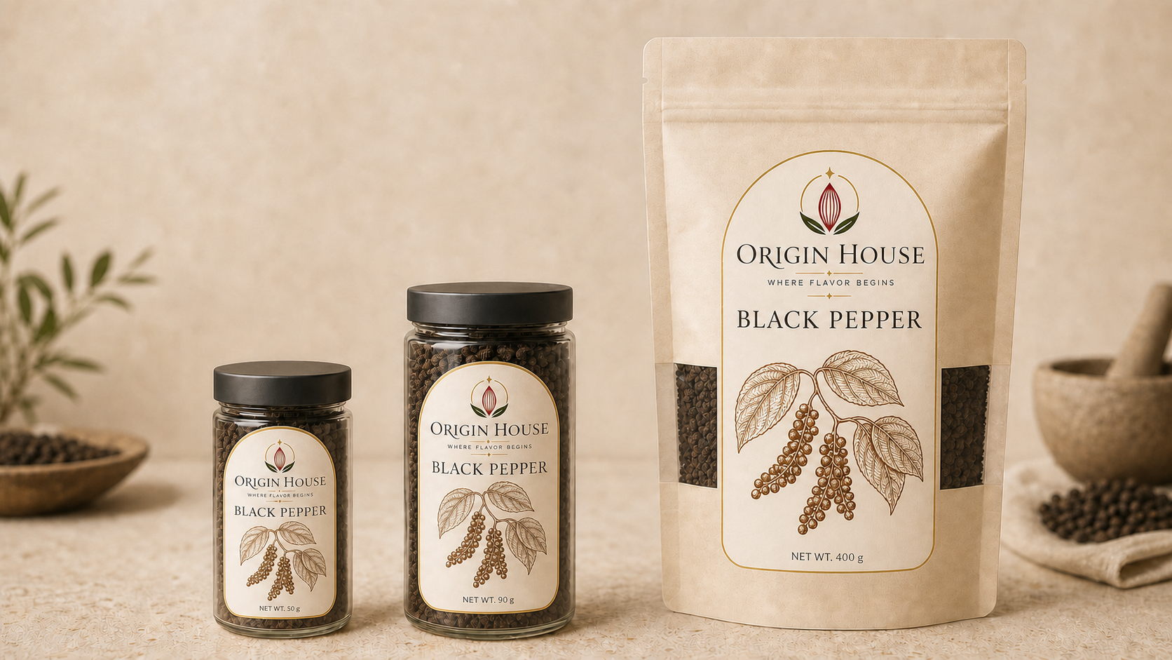Black Pepper shown in compact jar, standard jar, and pantry bag