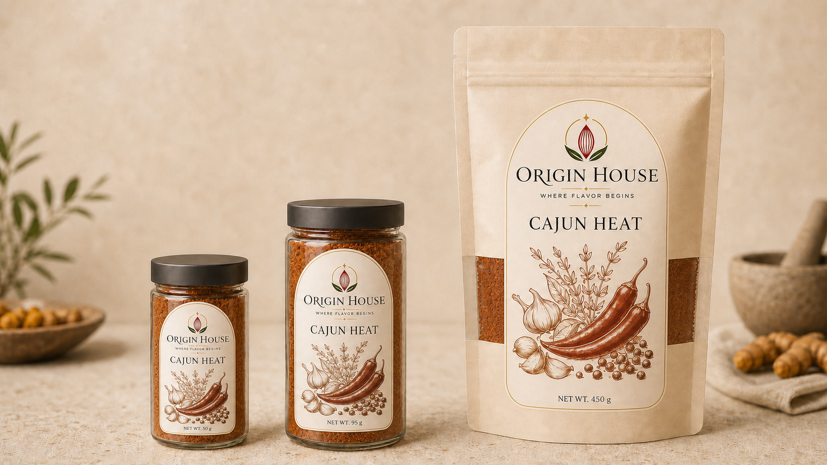 Cajun Heat shown in compact jar, standard jar, and pantry bag