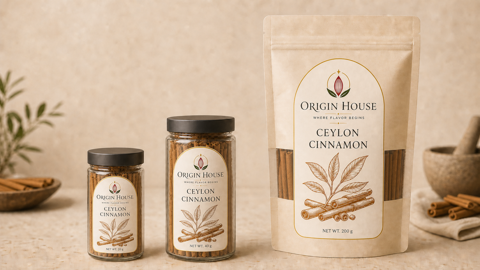 Ceylon Cinnamon shown in compact jar, standard jar, and pantry bag