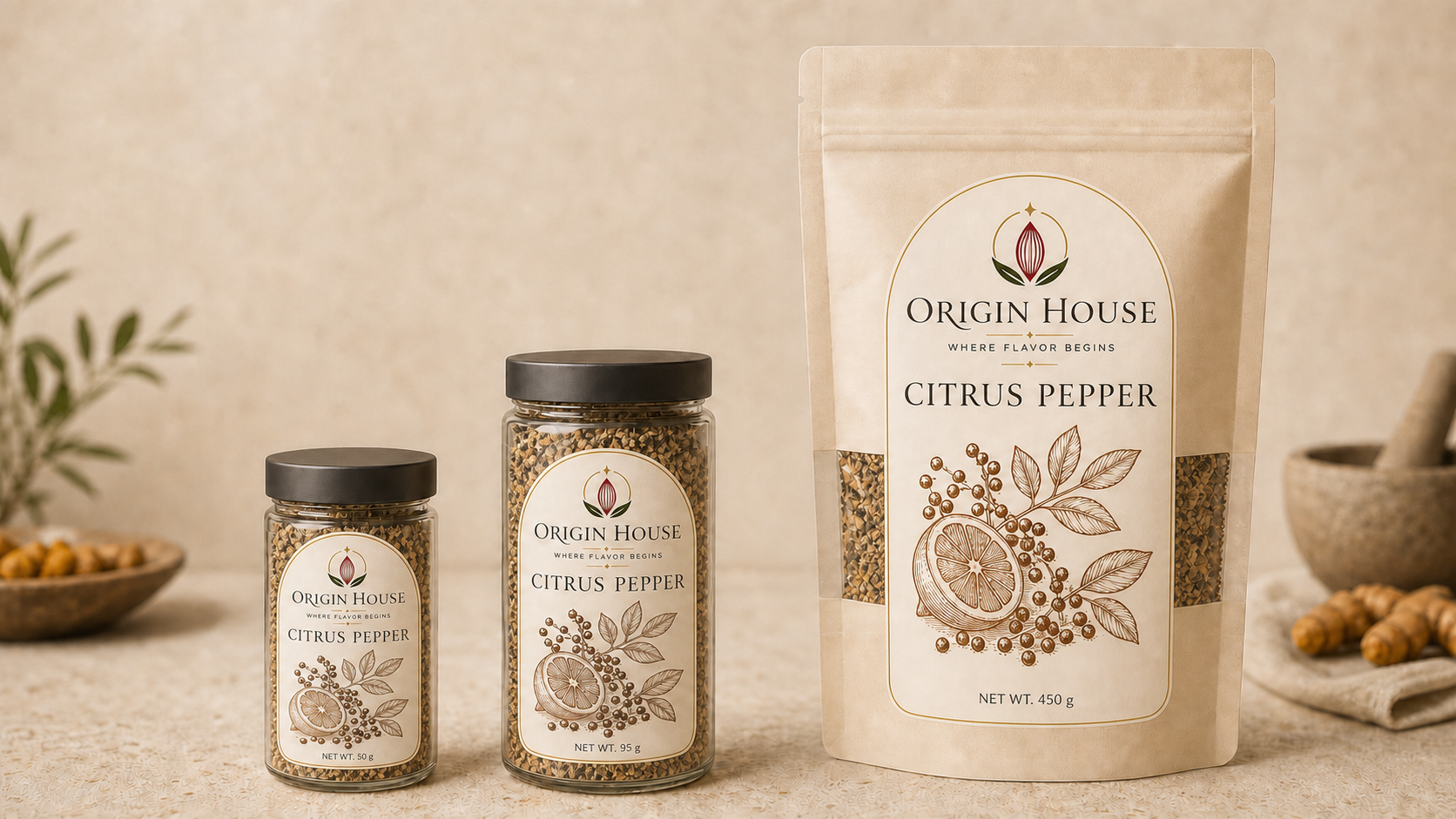 Citrus Pepper shown in compact jar, standard jar, and pantry bag