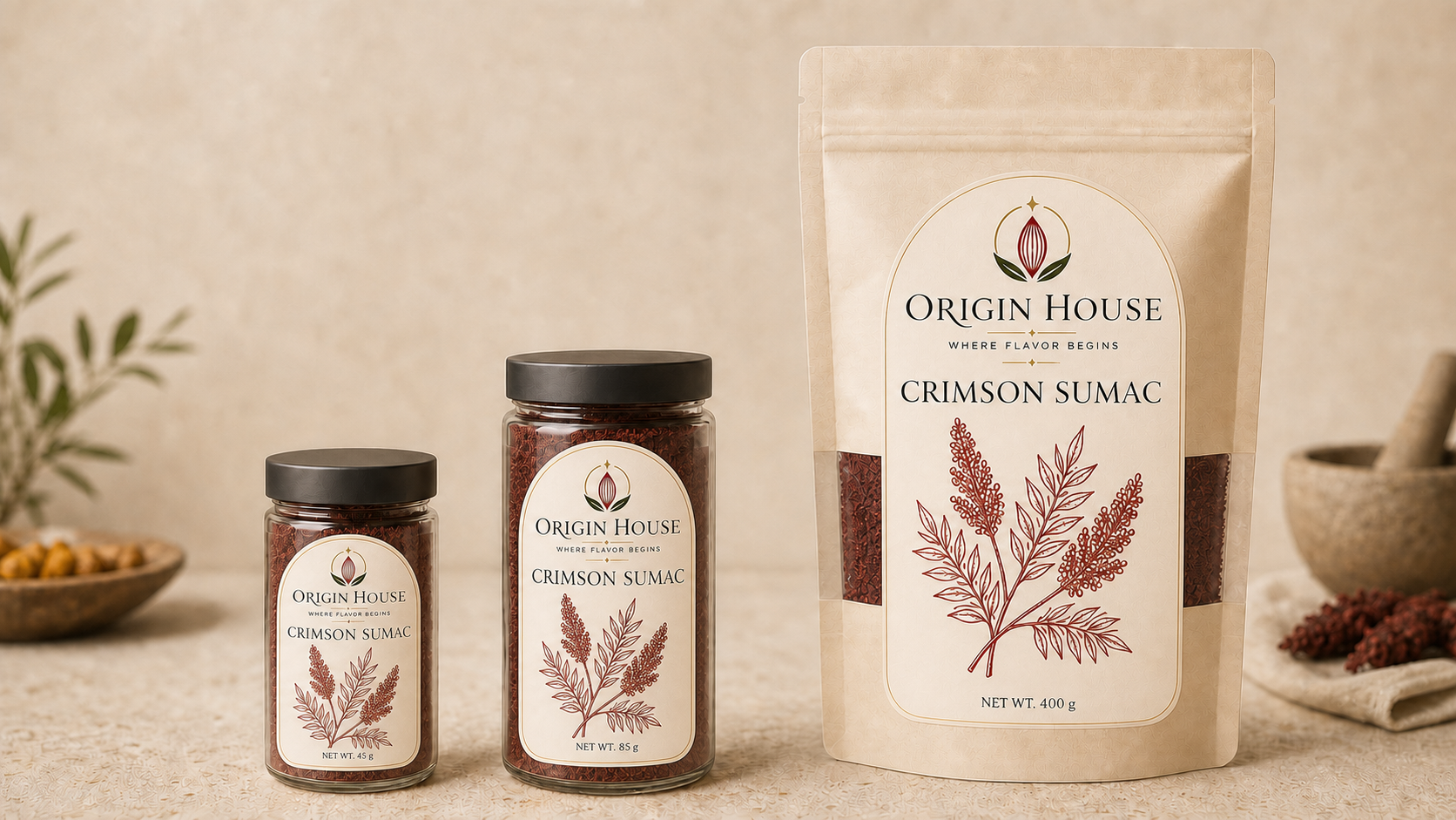 Crimson Sumac shown in compact jar, standard jar, and pantry bag