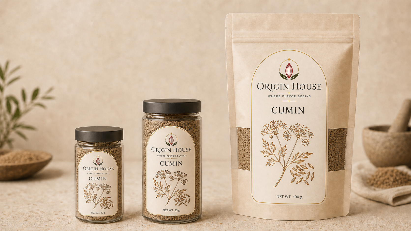 Cumin shown in compact jar, standard jar, and pantry bag