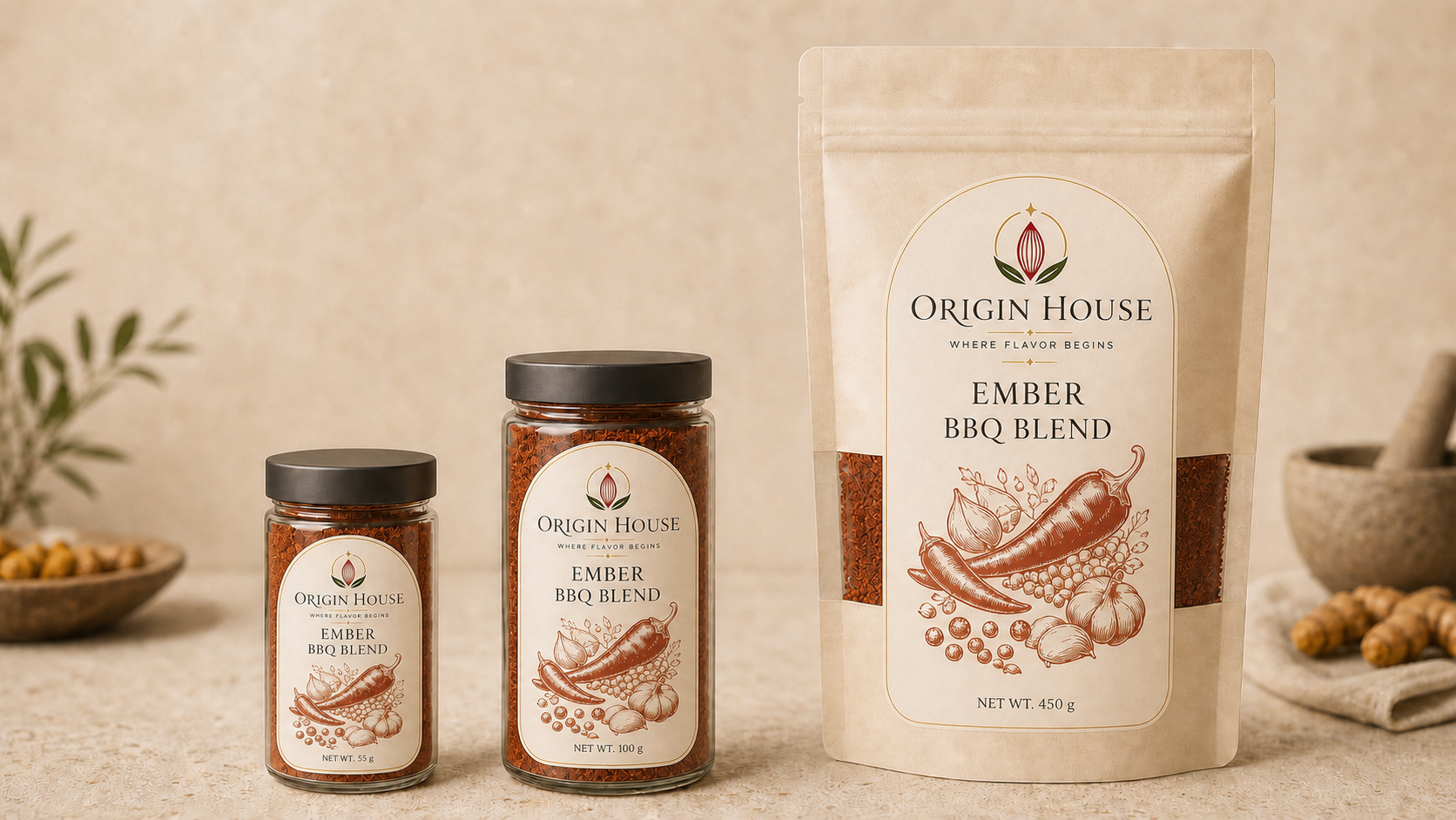 Ember BBQ Blend shown in compact jar, standard jar, and pantry bag