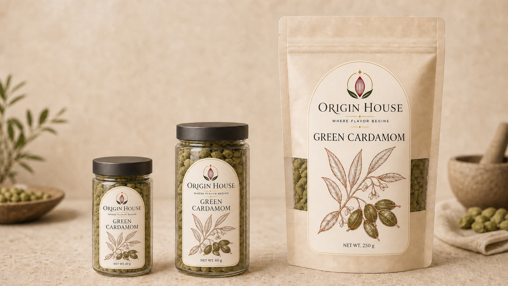 Green Cardamom shown in compact jar, standard jar, and pantry bag