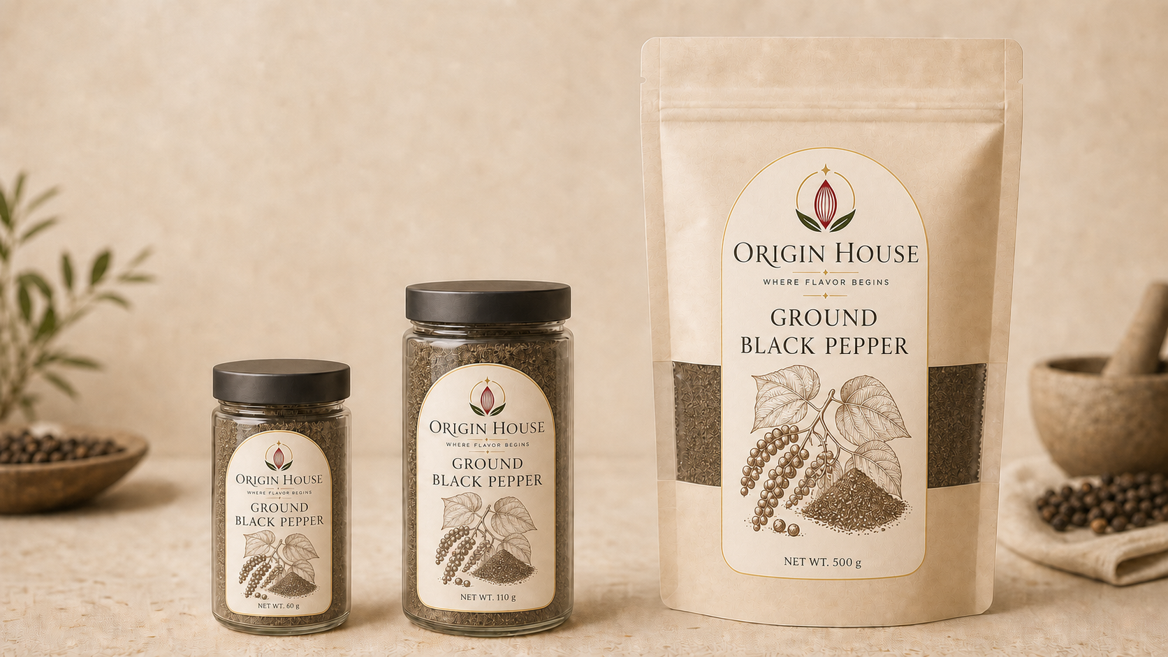 Ground Black Pepper shown in compact jar, standard jar, and pantry bag