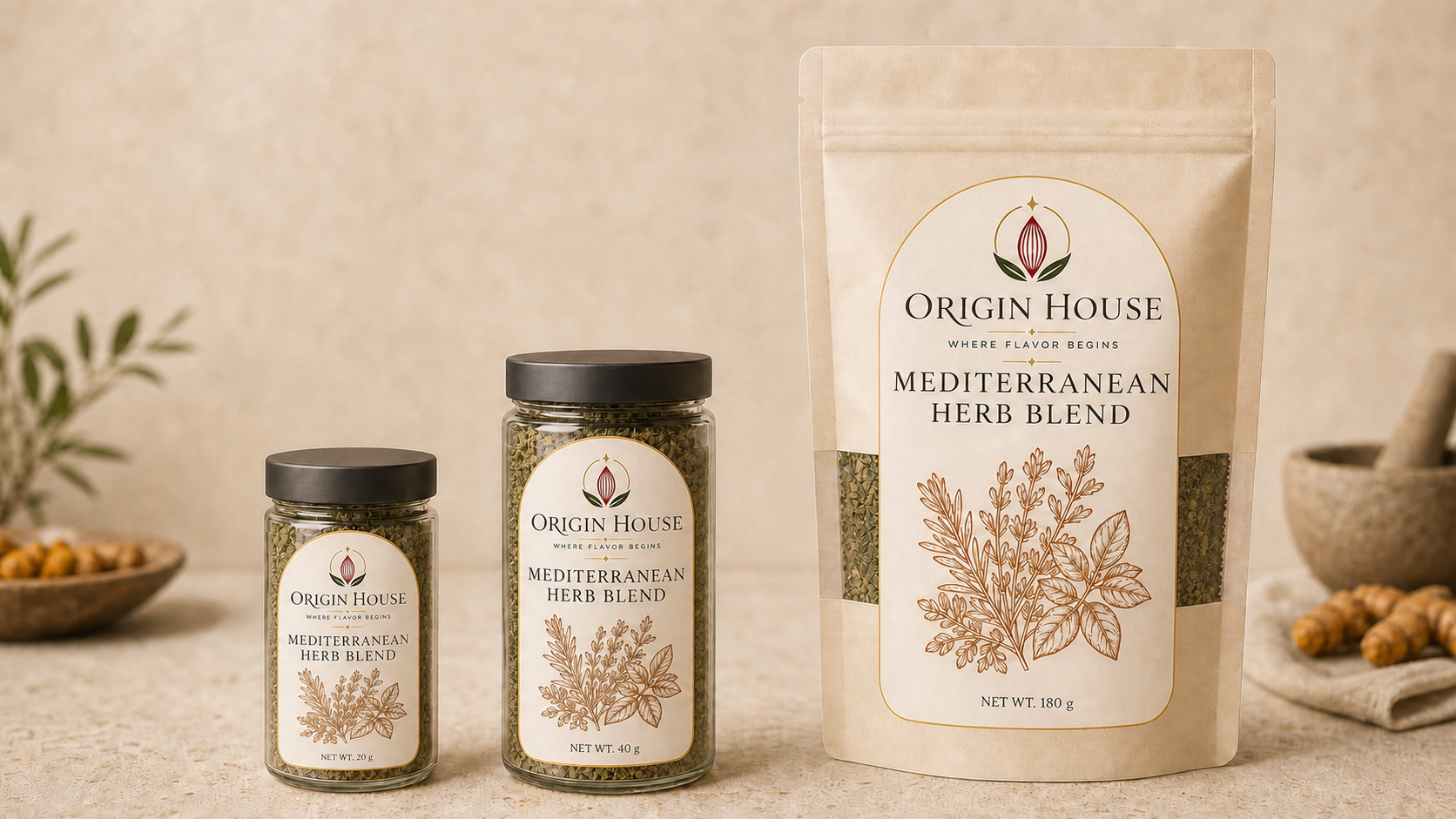 Mediterranean Herb Blend shown in compact jar, standard jar, and pantry bag