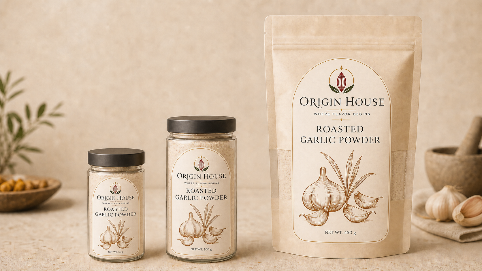 Roasted Garlic Powder shown in compact jar, standard jar, and pantry bag