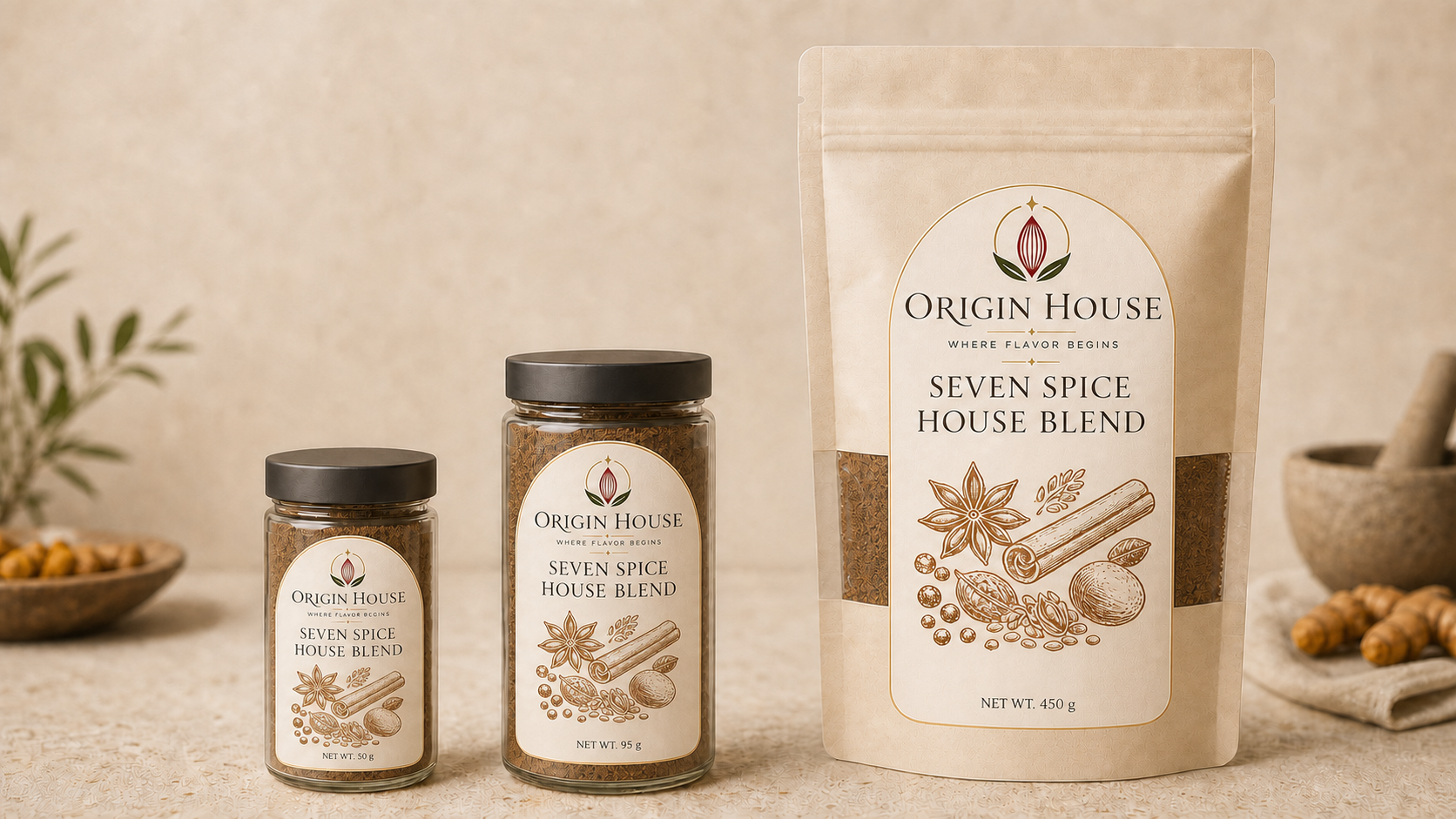Seven Spice House Blend shown in compact jar, standard jar, and pantry bag