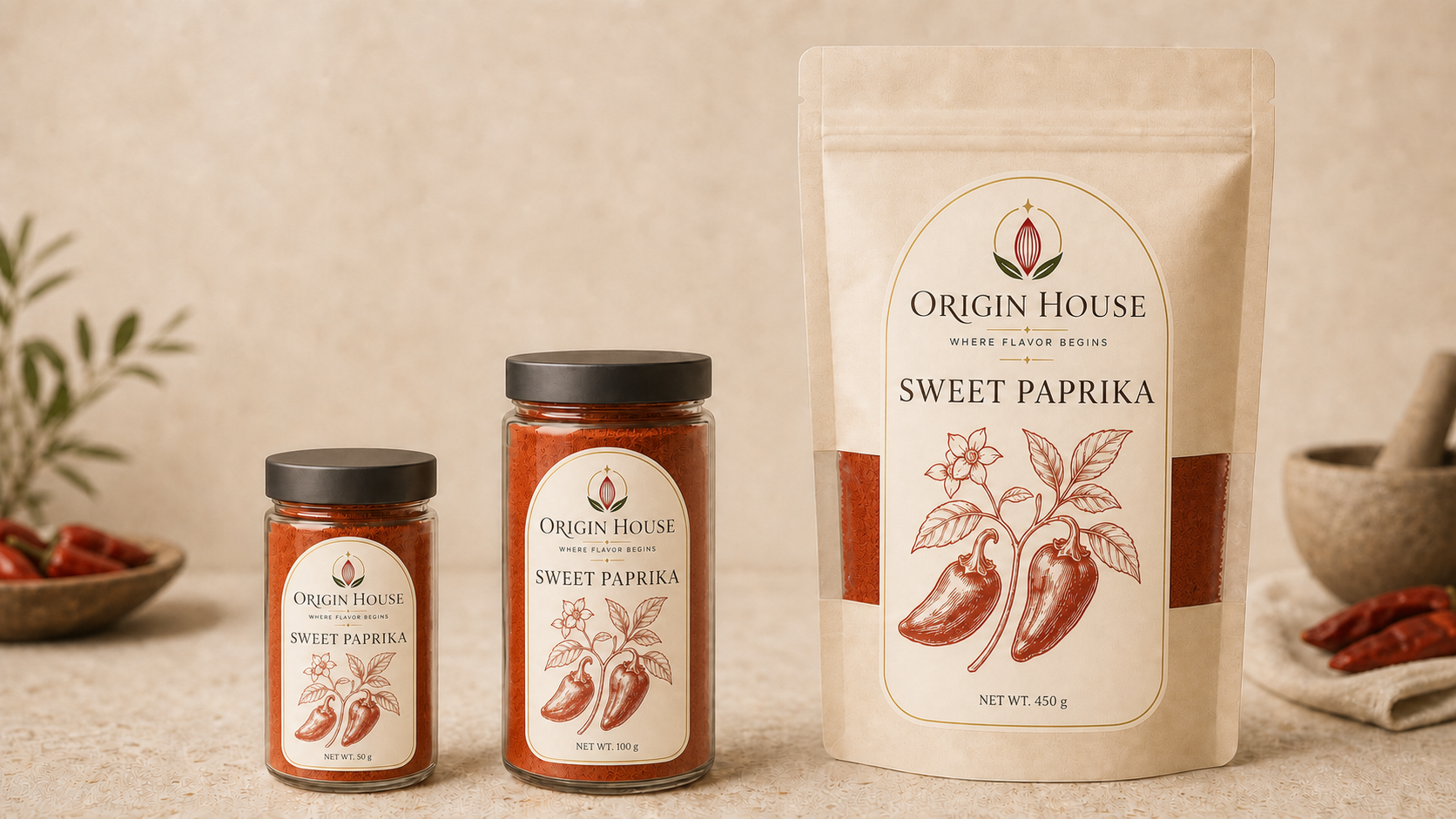 Sweet Paprika shown in compact jar, standard jar, and pantry bag