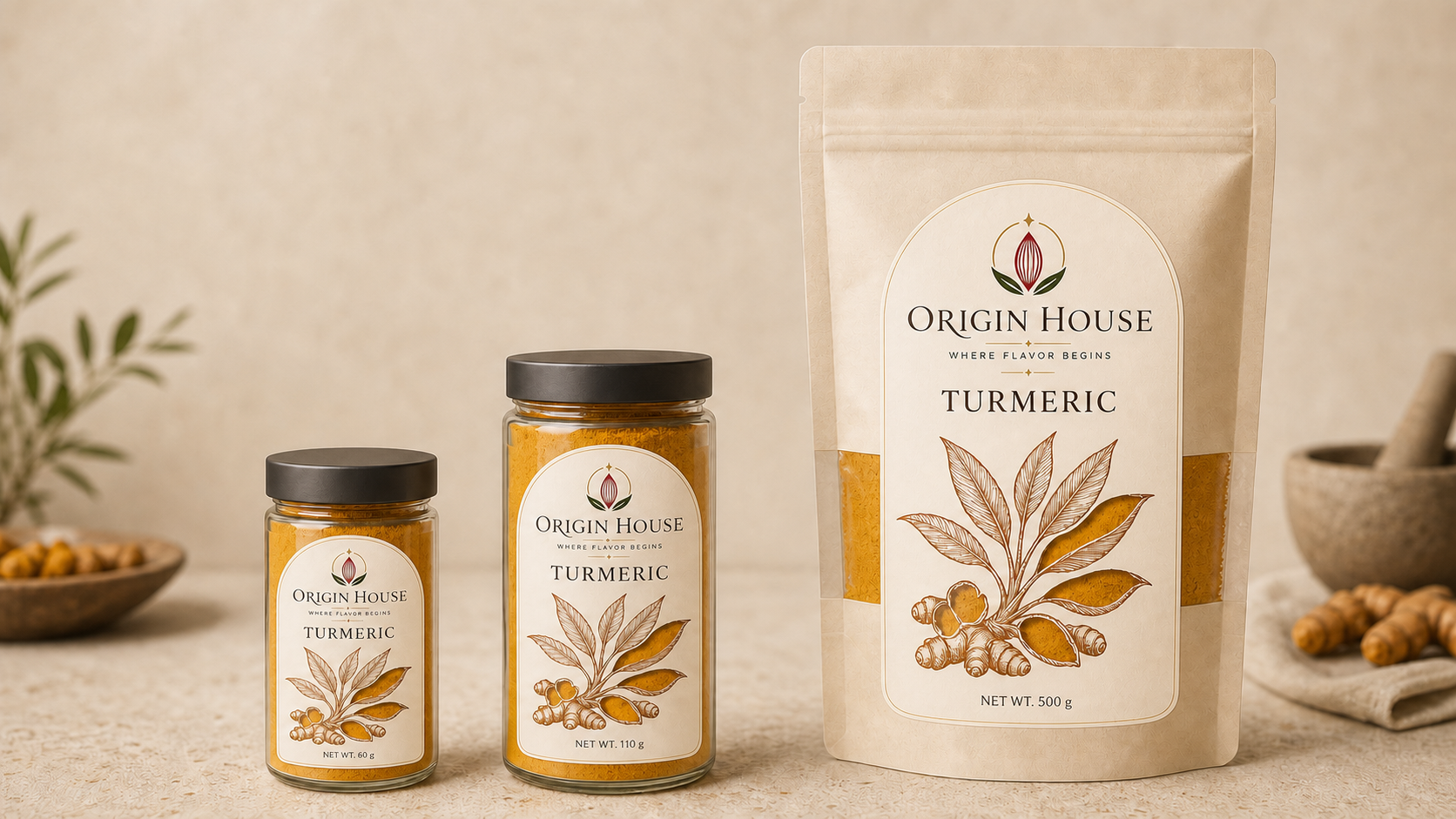Origin House collection in compact jars, standard jars, and pantry bags