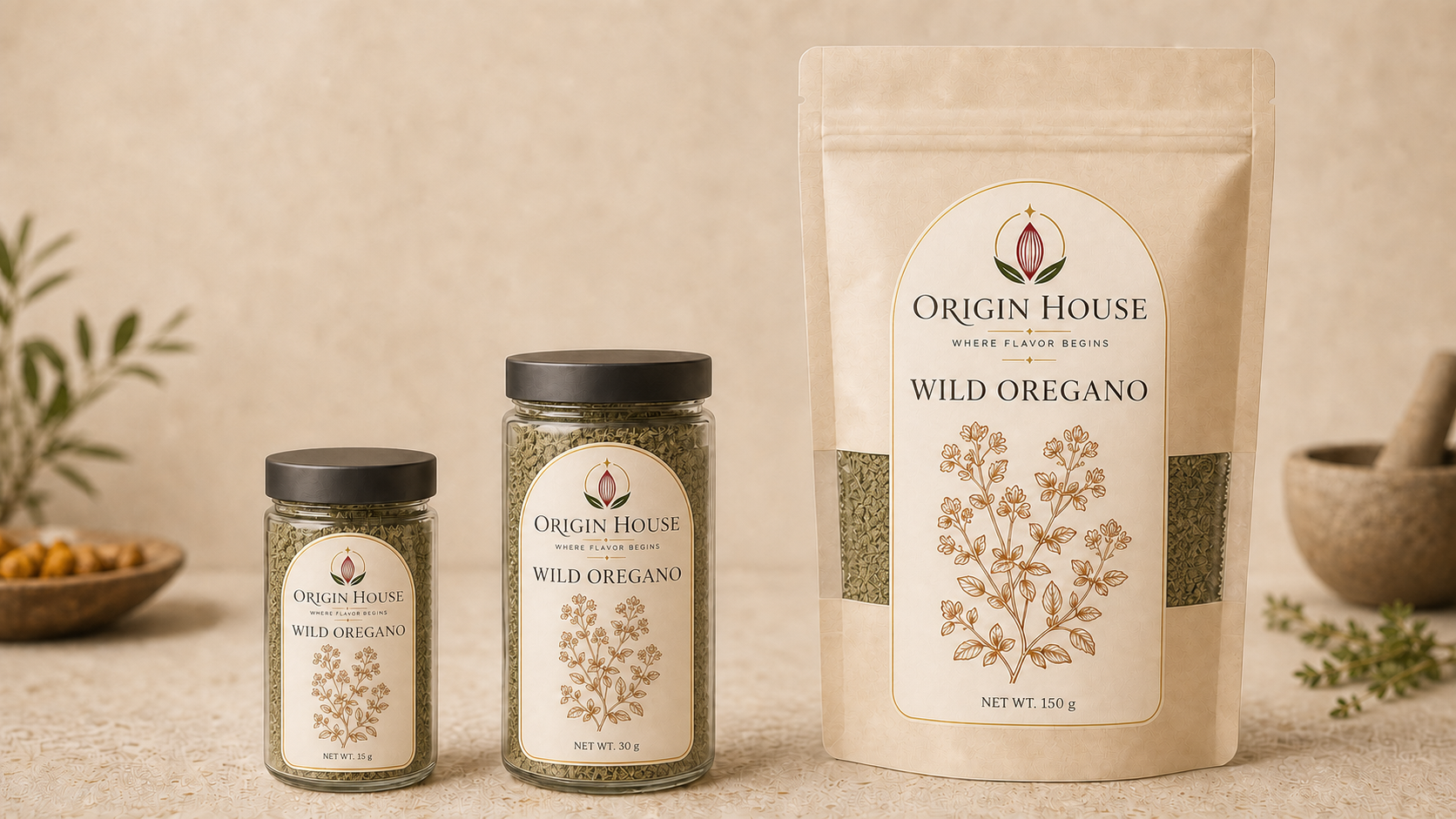 Wild Oregano shown in compact jar, standard jar, and pantry bag